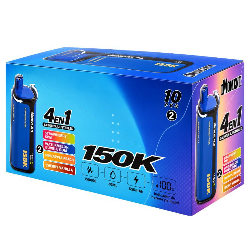 CAJA POD DESECHABLE IMOMENT 4 EN 1 (STRAWBERRY KIWI / WATERMELON BUBBLEGUM / PINEAPPLE PEACH / CHERRY VAINILLA) 150K 10UD